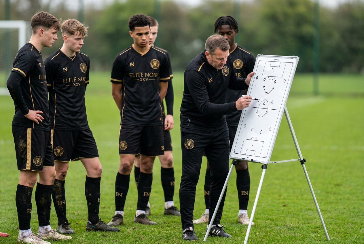 Coach at a tactics board with players