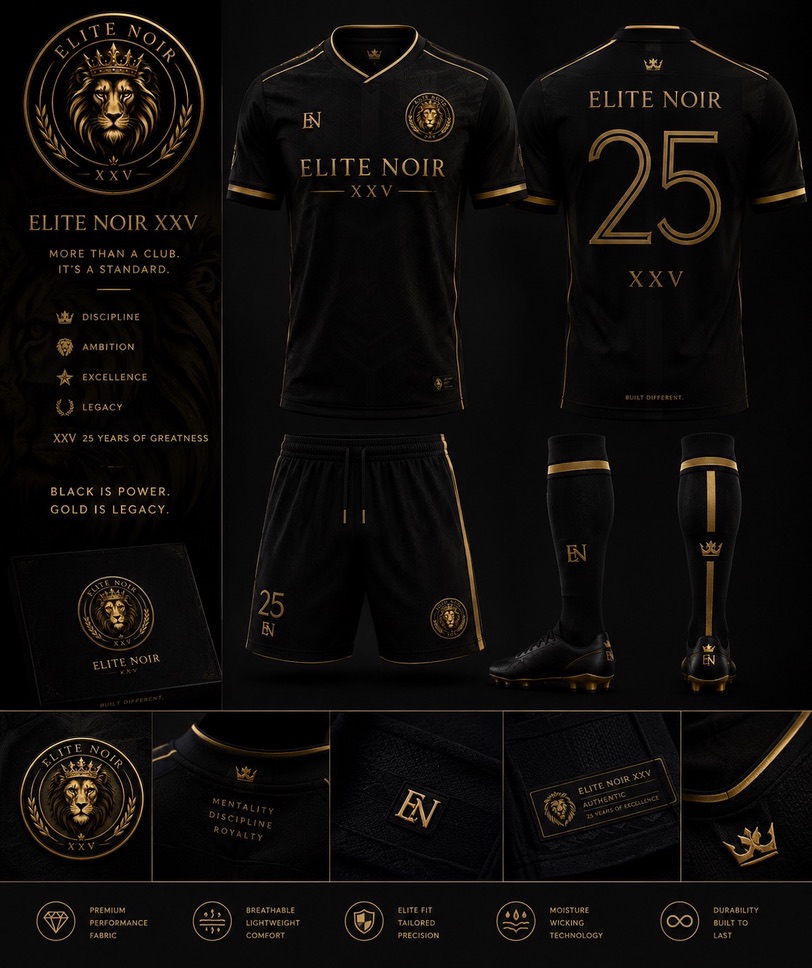 Elite Noir XXV match kit — jersey, shorts, socks and boots in black and gold