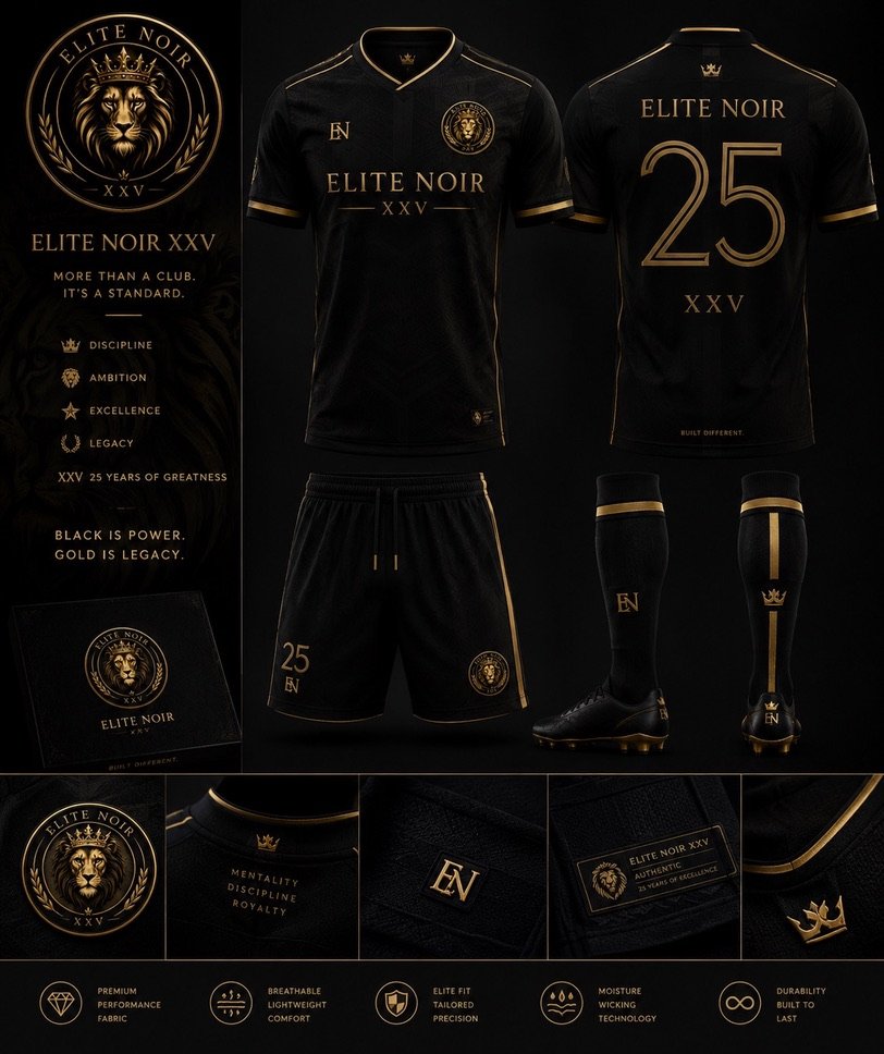 Elite Noir XXV match kit — jersey, shorts, socks and boots in black and gold