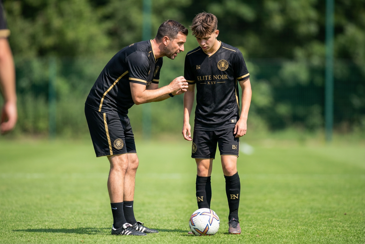 Senior coach and player on a private floodlit pitch at dusk